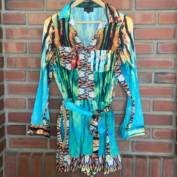 Manish Vaid large nwot rayon versaceromper gold beaded button front collared - Picture 1 of 9